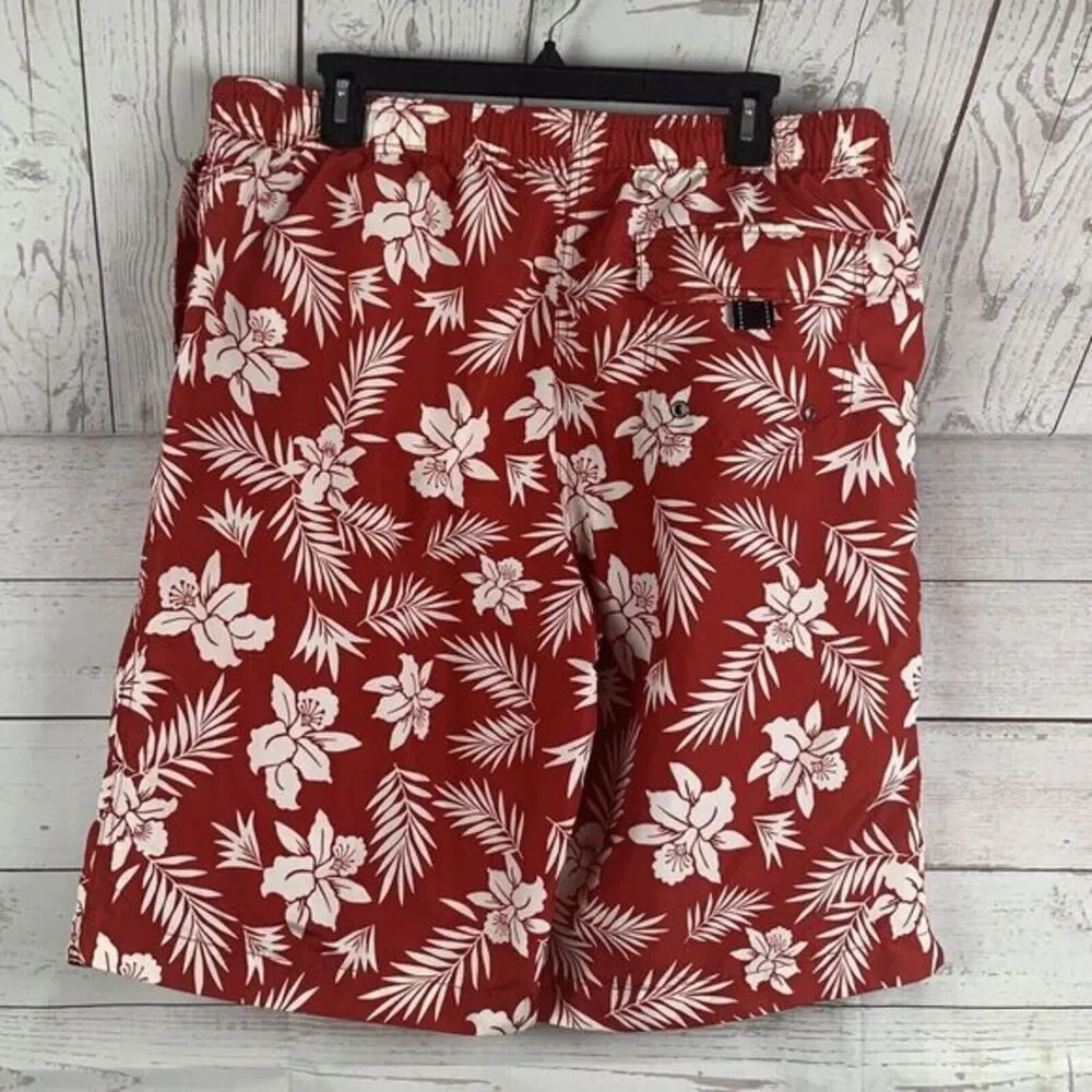 Lands End Board Shorts Mens Size‎ Large 36-38 Red/white Tropical Swim Trunks